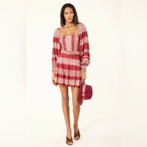 NEW Hale Bob Women's Grazia Jersey Mini Dress Red Print Belted Balloon Sleeve XS